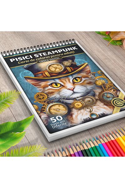 OEM Adult Coloring Book, Steampunk Cats, 50 Antistress Illustrations for Relaxation