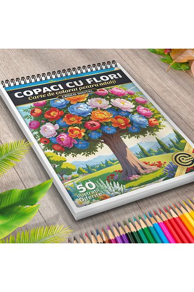 OEM Adult Coloring Book, Trees With Flowers, 50 Antistress Illustrations With Flowers For Relaxation