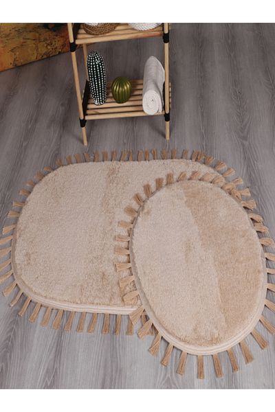 Myevilla Modern Decorative Washable Plush Puffy Non-Slip Base Oval Tassel Fringed 2-Piece Bath Mat 50x80