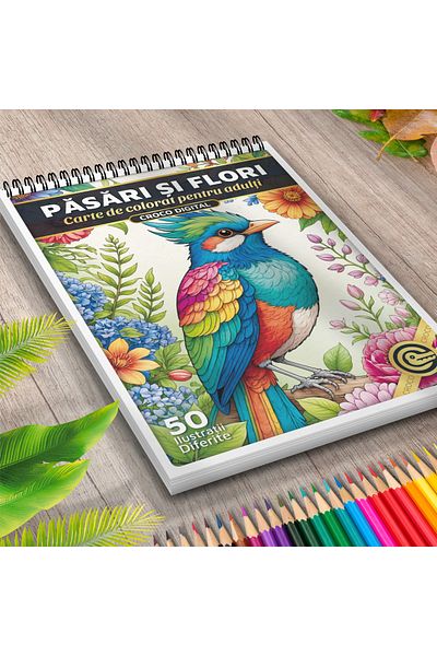 OEM Coloring Book for Adults, Birds and Flowers, 50 Antistress Illustrations for Relaxation