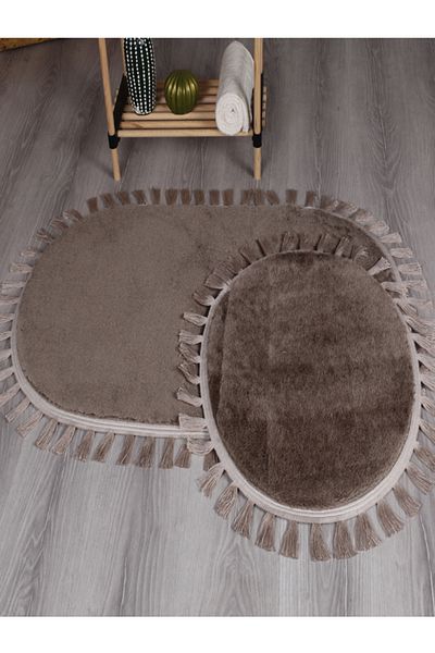 Myevilla Modern Decorative Washable Plush Puffy Non-Slip Base Oval Tassel Fringed 2-Piece Bath Mat 50x80