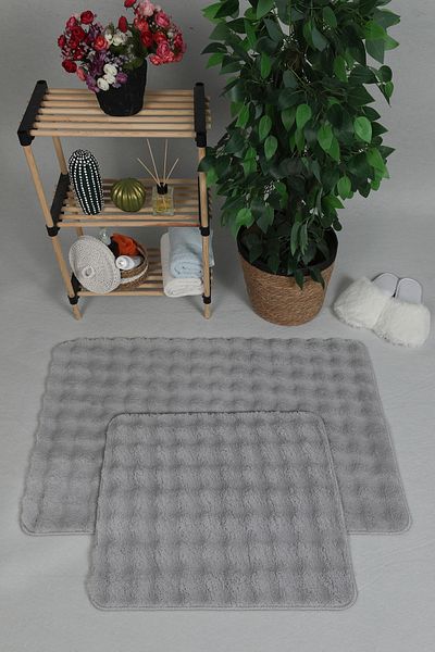 Myevilla Modern Bubble 2-Piece Gray Plush Bath Mat Rug Set - Washable Non-Slip 60x100-50x60cm
