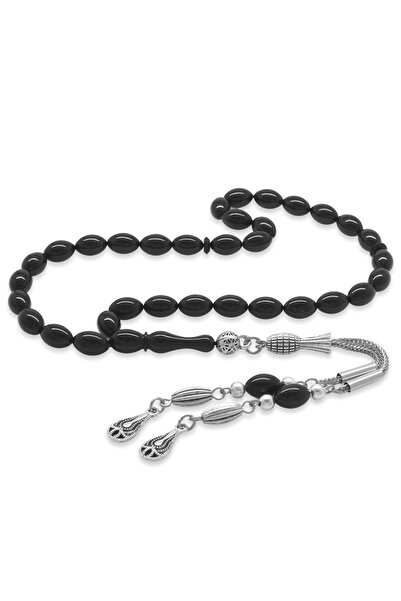 Tesbihane Non-Tarnish Metal Water Drop Tasseled Barley Cut Black Clamping Amber Prayer Beads