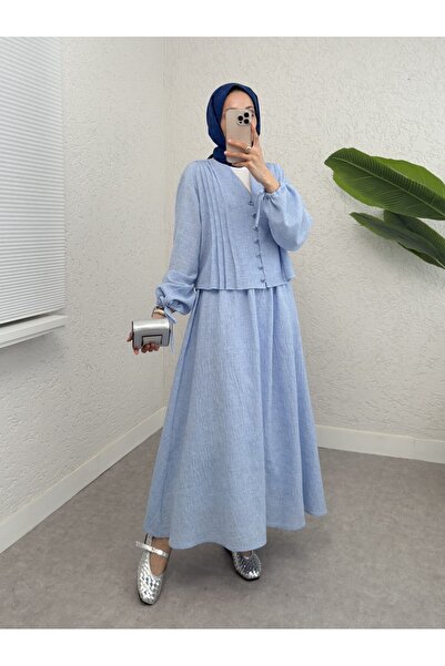 Modamorfo Blue Sleeve Tie-Up Ö Buttoned Skirt Suit