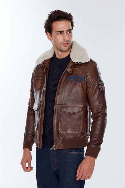 Derimod Maverick Men's Pilot Coat - Brown, Embroidered Collar, Furry Leather, 22wgd6456l7