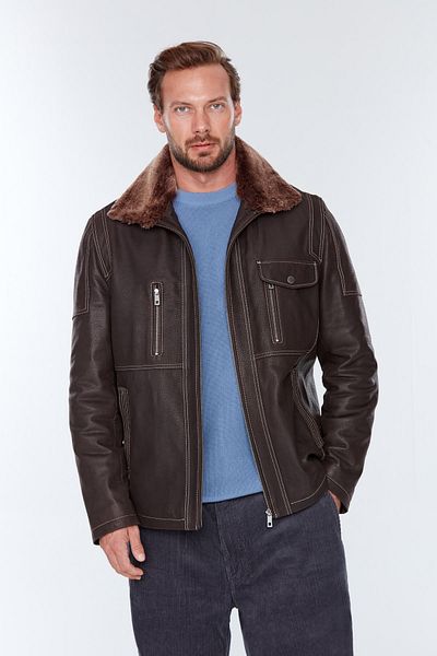 Derimod Men's Brown Fur Collar Angelo(PLUS) Leather Jacket - 19wgd60520m