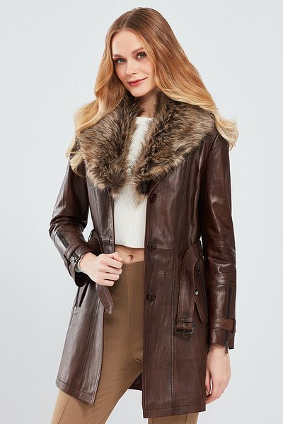 Derimod Rhoda Women's - Brown Furry Leather Trench Coat 20wge5886nc