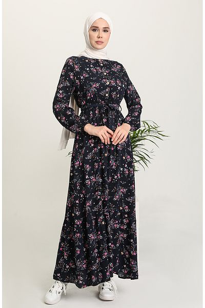 sefamerve Φόρεμα Navy Blue Viscose - Floral Pattern 5068-04