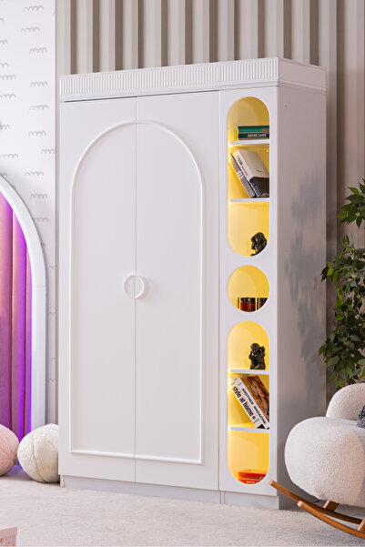 Setay Gardırop, Dolunay 2 Kapaklı Dolap ve Ledli Kitaplık - Beyaz