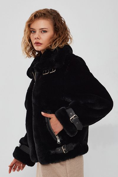 Derimod Anabel Women's Black Teddy Leather Coat 21Wgd5952Ff