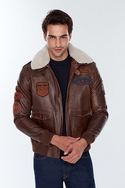 Derimod Maverick Men's Pilot Coat - Brown, Embroidered Collar, Furry Leather, 22wgd6456l7