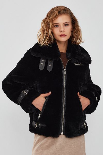 Derimod Anabel Women's Black Teddy Leather Coat 21Wgd5952Ff