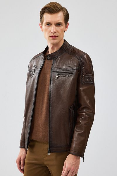 Derimod Brown Slim-fit Kawhi Men's Leather Coat - Embroidered, 20sgd6351bt