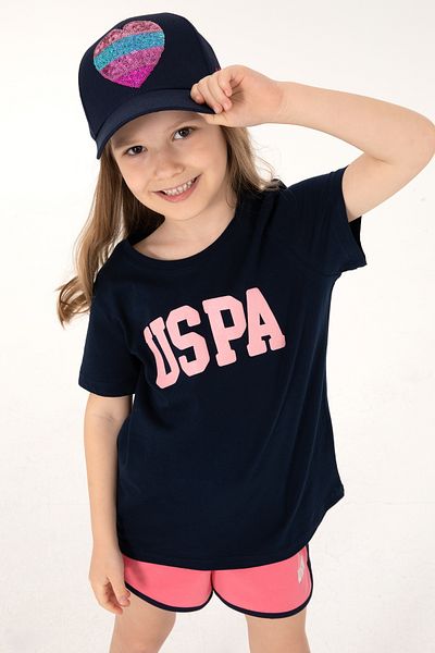 U.S. Polo Assn. Girl's Navy Blue Crew Neck Cotton Glitter Uspa Printed Basic T-Shirt 50306042-Vr033