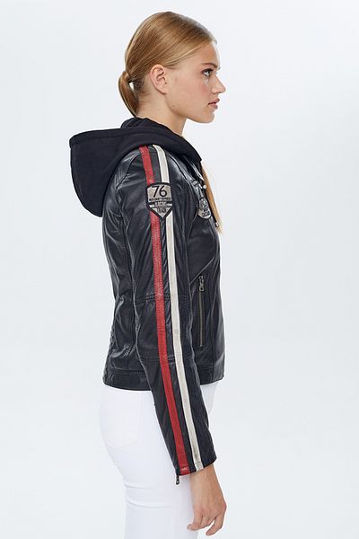 Derimod Ladyracer Women's Black Sports Leather Coat - Embroidered Hood, 22wgm500151