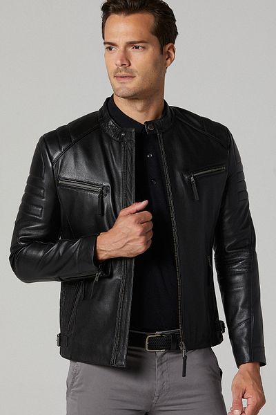 Derimod Bosh - X Men's Black Slim-Fit Leather Jacket 20Wgd6384Cy