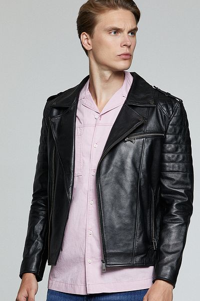 Derimod Men's Biker Leather Coat - Black Speedy, 19wgd6371u4