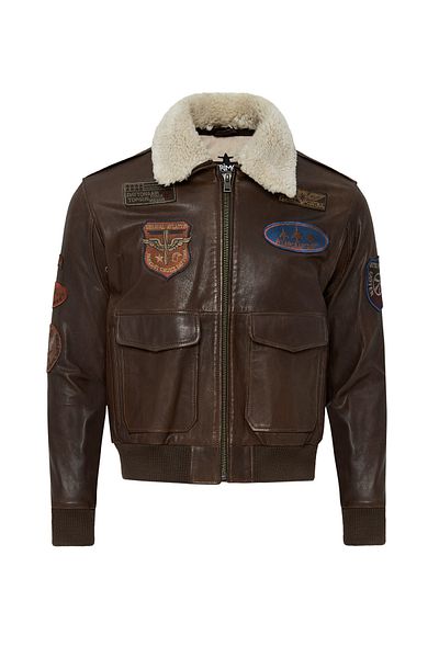 Derimod Top Gun Women's Brown Embroidered Collar Fur Leather Pilot Coat 22Wgd5049L7