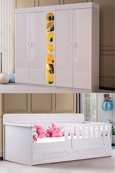 Setay Flora Çocuk Odası Takımı, Flora Yavrulu Karyola, Vira 4 Kapaklı Dolap, Kitaplık - Beyaz