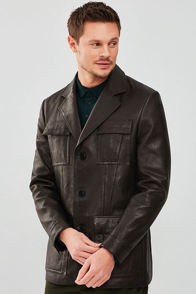 Derimod Kane Men's - Black Safari Leather Blazer Jacket 23wgd6498jb