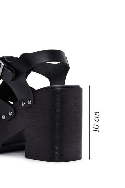 Derimod Women's Black Thick Heeled Shoes Buckle Genuine Leather Sandals 24Sfd152118
