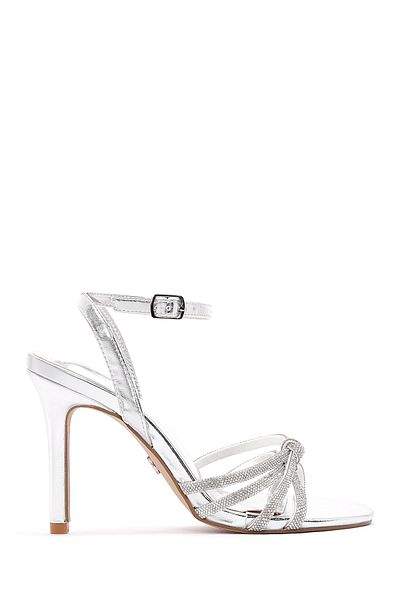 Derimod Silver Stoned Ankle Strap Women's Heeled Sandals - 24sfe451014