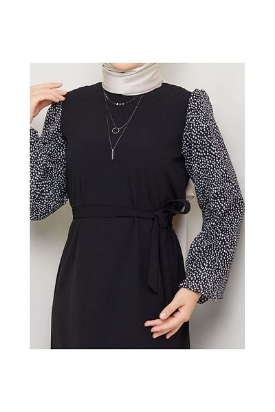 VELLICHOR Φόρεμα Tuğba Model με στρογγυλό σχέδιο σιφόν μανίκια - Μαύρο Μαύρο-915