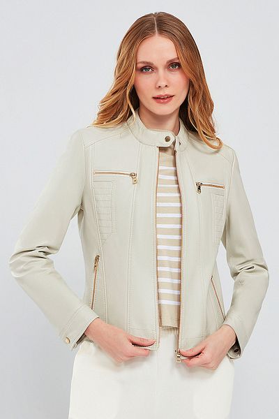 Derimod Beige Short Leather Women's Jacket - Marlyn 23wge51331m