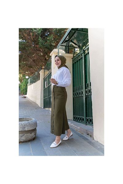 VELLICHOR Φούστα Gabardine με κουμπιά Καμπάνα Χακί-161