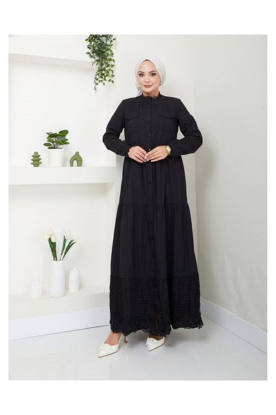 VELLICHOR Lace Natural Fabric Buttoned Denim Dress Black