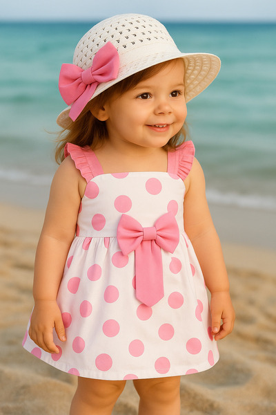 Masal Dünyası Bursa Baby Girl Dress with Polka Dot Bow and Straw Hat 5 Colors
