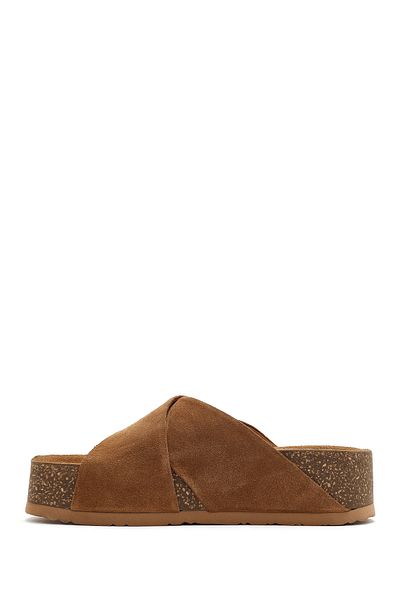 Derimod Women's Tan Thick Soled Suede Leather Slippers 25Sfd180910
