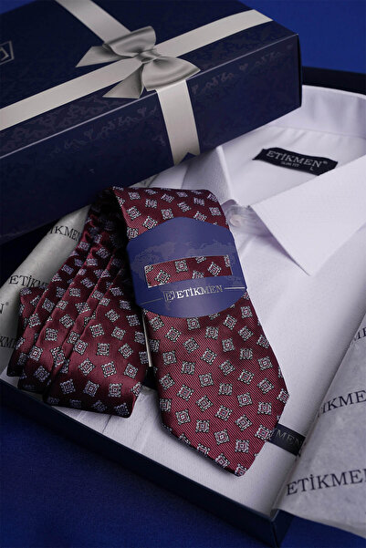 Etikmen Σετ γραβάτα σε κουτί δώρου White Dobby & Claret Red με τετράγωνο σχέδιο