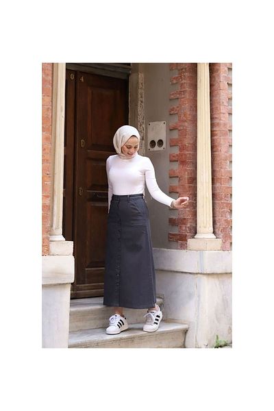 VELLICHOR Full Buttoned Gabardine Skirt Anthracite