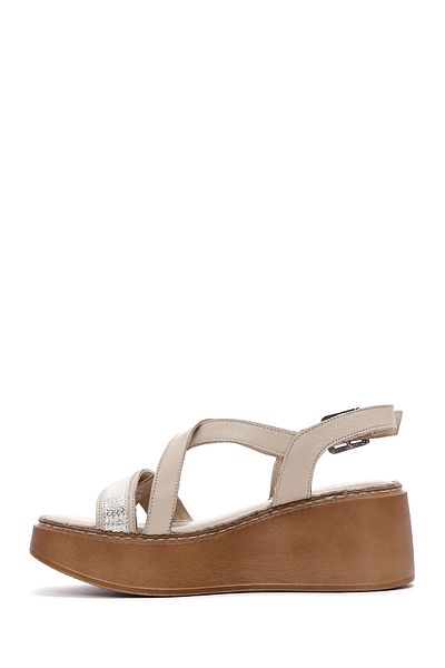 Derimod Women's Beige Ankle Strap Wedge Heeled Shoes Genuine Leather Comfort Sandals 24Sfd341118
