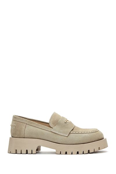 Derimod Women's Beige Thick Soled Suede Genuine Leather Masculine Loafer Shoes Casual Shoes 24Sfd180110