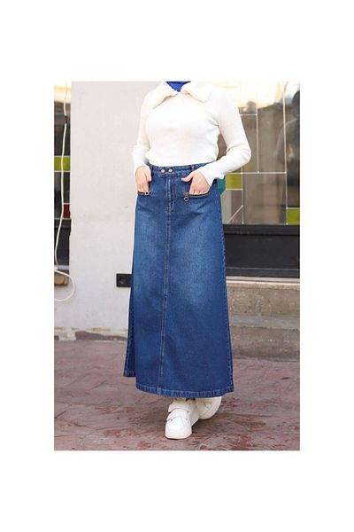 VELLICHOR Fusta din denim cu buzunar cu fermoar cu fixare în talie Albastru-1115