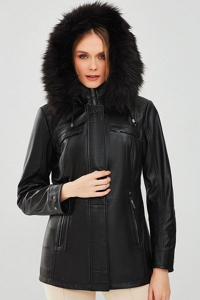 Derimod Betty Women's Black Hooded Leather Coat - Furry, 23wge51481m