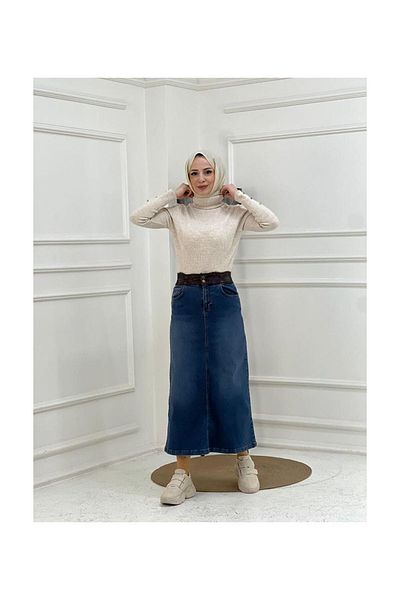 VELLICHOR Fusta din denim cu detaliu din dantela - Albastru inchis Albastru inchis-430