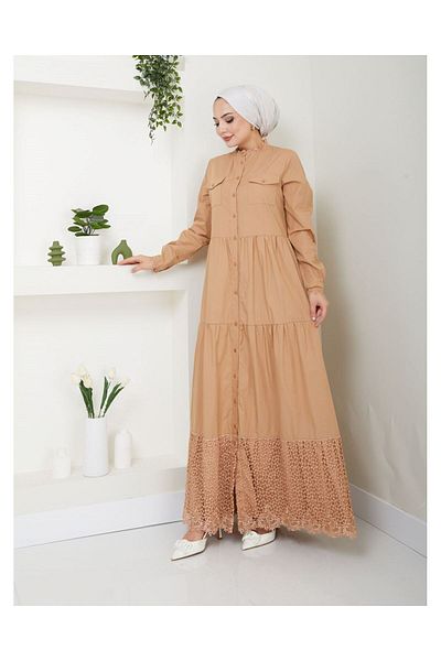 VELLICHOR Τζιν φόρεμα Camel με κουμπιά από φυσικό ύφασμα με δαντέλα