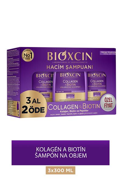 Bioxcin Kolagén a biotín extra objemový šampón 3 x 300 ml Kúpte 3 a získajte 2 – kolagénový biotín pre tenké a riedke vlasy