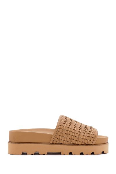Derimod Brown Knitted Leather Women's Slippers - 24sfd 120529