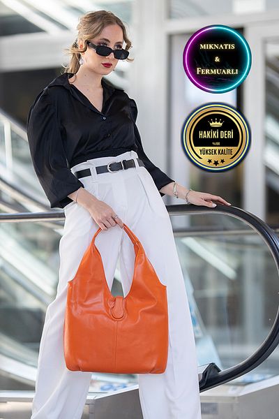 CüzCan Sofia Orange Genuine Leather Women's Hand Shoulder and Shoulder Bag