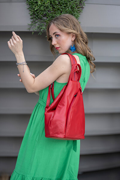 CüzCan Viente Kırmızı Hakiki Deri Kadın El Omuz ve Sırt Çantası