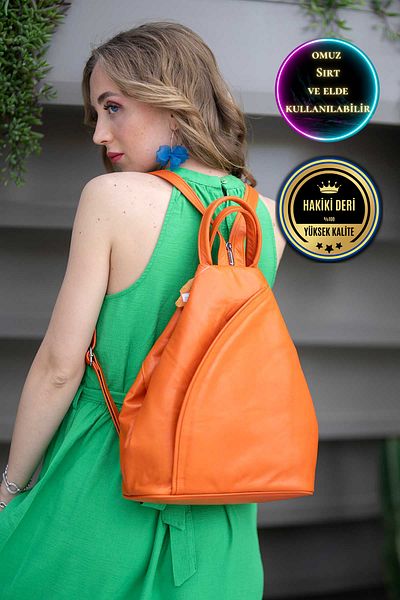CüzCan Viente Orange Genuine Leather Women's Hand Shoulder and Backpack