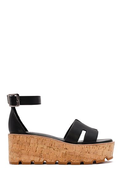 Derimod Women's Black Ankle Buckle Thick Soled Genuine Leather Sandals 24Sfd181518