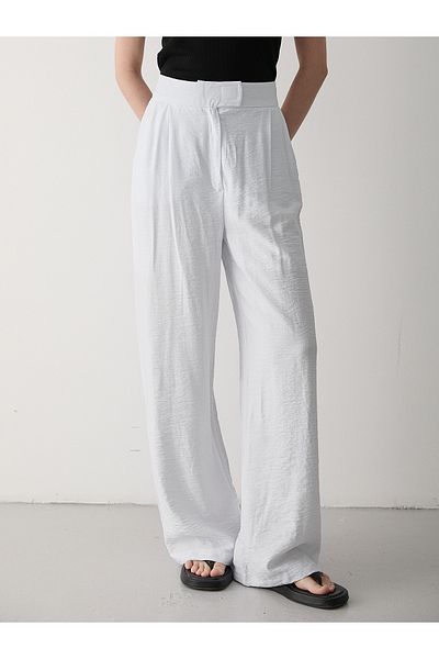 Laluvia White 100% Cotton Wide Leg Linen Trousers with Velcro Closure - 3169