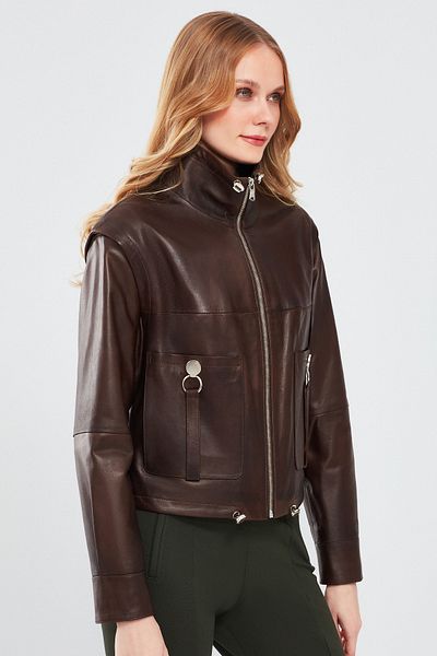 Derimod Edwina Women - Brown Removable Sleeve Leather Jacket 24sgd5165hn