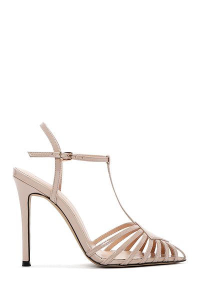 Derimod Women's Beige Ankle Strap Thin Heeled Shoes Patent Leather Genuine Leather Sandals 24Sfd100616