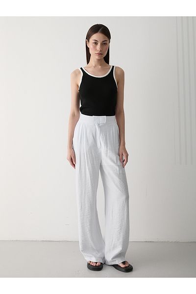 Laluvia White 100% Cotton Wide Leg Linen Trousers with Velcro Closure - 3169